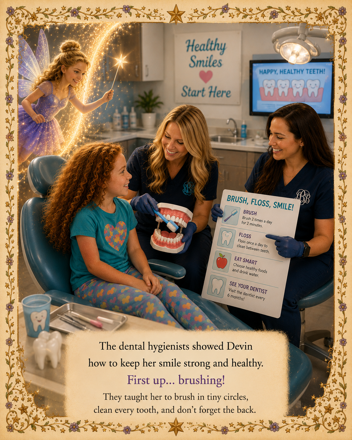 A personalized page with the dentist as a character