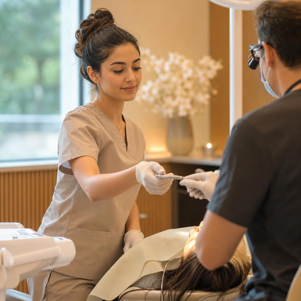 Dental assistant trainee practicing chairside