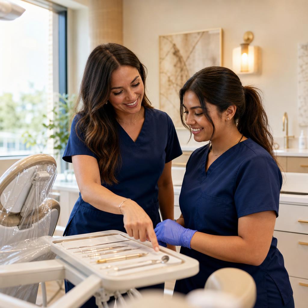 Hygienist training a dental assistant chairside