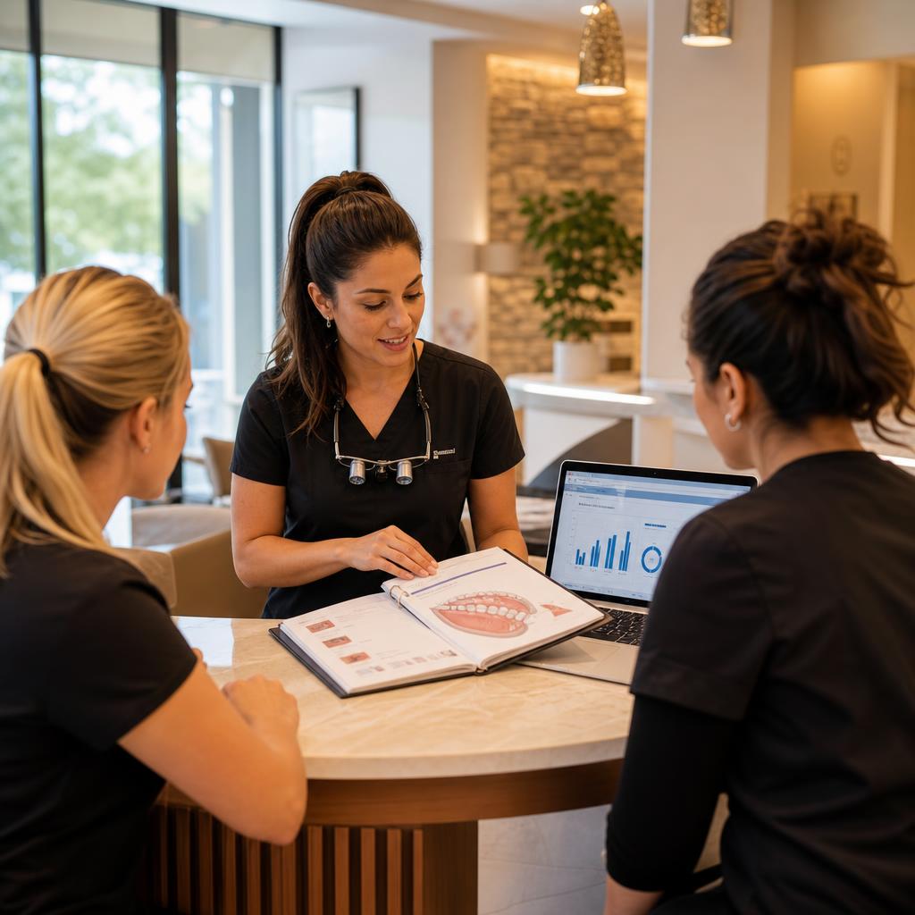 Dental team reviewing the training system